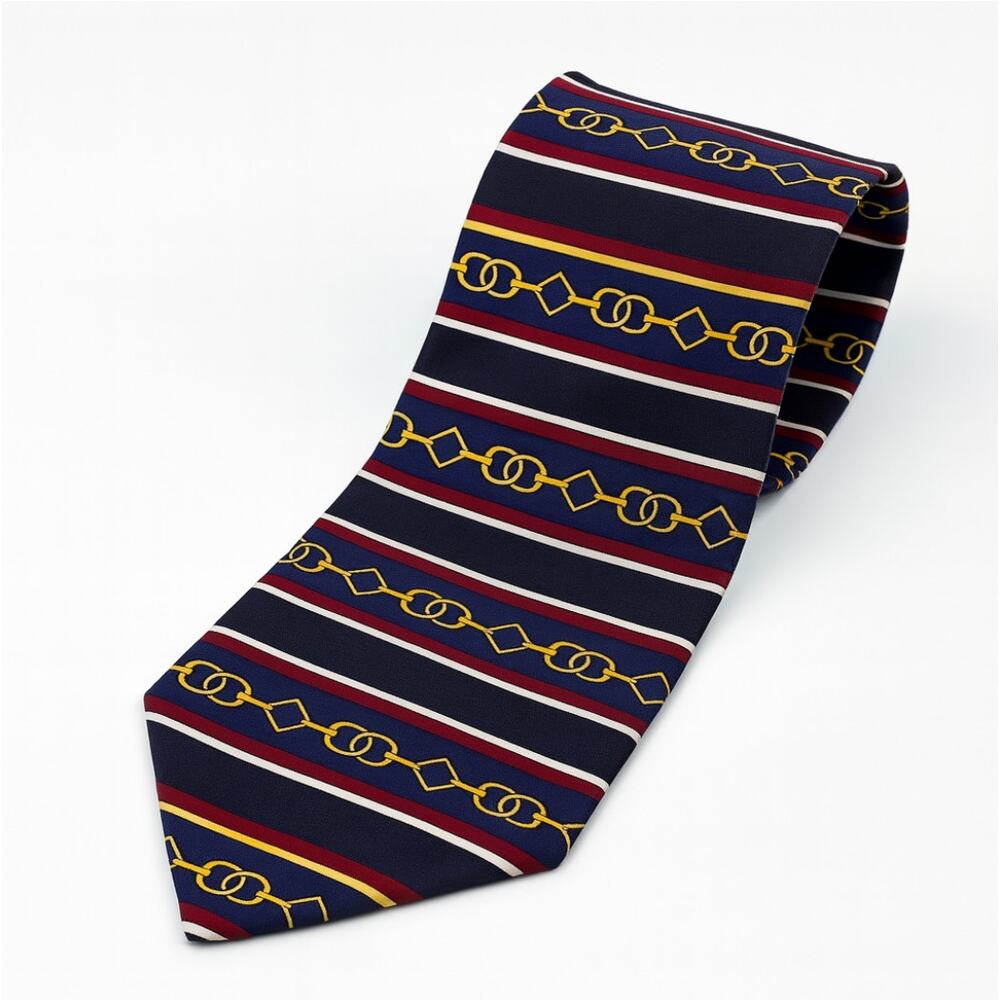 PAOLO GUCCI Horsebit Gold Chain Stripe Silk Tie Gold Red Navy Blue